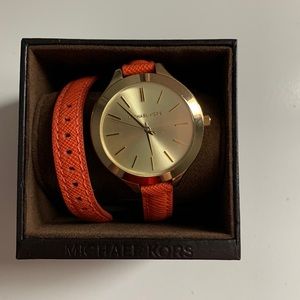 Coral Michael Kors watch double wrap leather coral/gold tone
